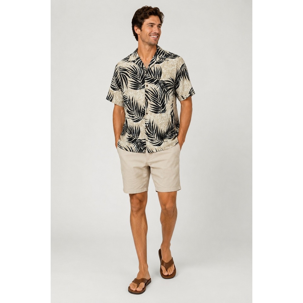 Kalaheo Hawaiian Shirt Mens Large Tan Black Tropical Palm Leaf Made in USA 802